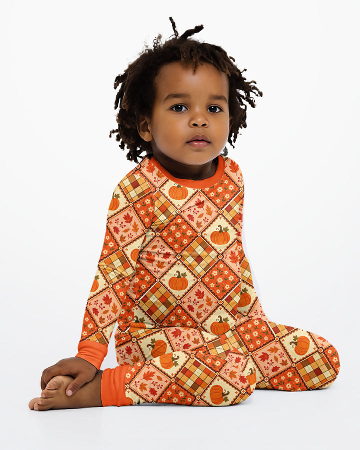 Fall Vintage Patchwork Bamboo Two Piece Long Sleeve Pajama Set