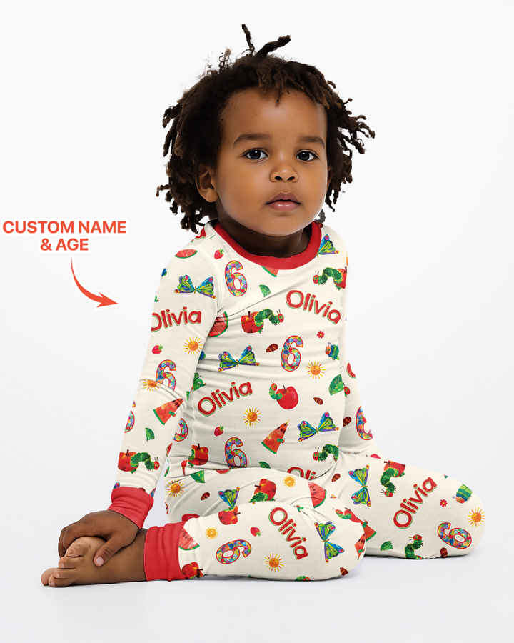 Custom Name and Age Birthday Of Very Hungry Caterpillar Bamboo Two Piece Long Sleeve Pajama Set