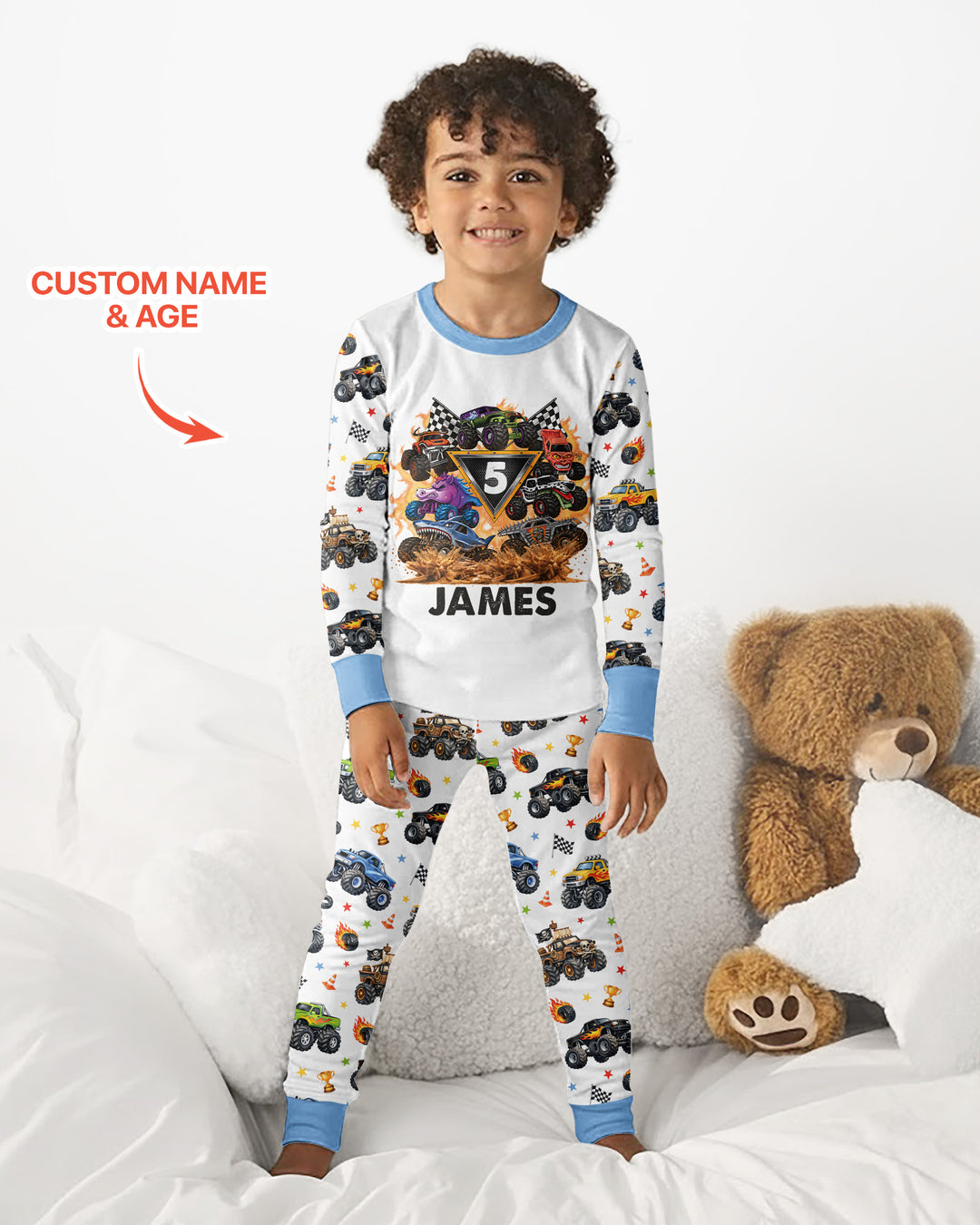 Personalized Monster Trucks Birthday Boy Bamboo Two Piece Long Sleeve Pajama Set