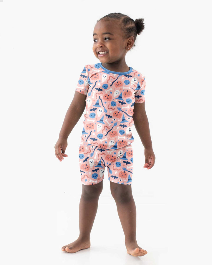 Pastel Pumpkins Skulls And Witch Craft Bamboo Two Piece Short Sleeve Shorts Pajama Set