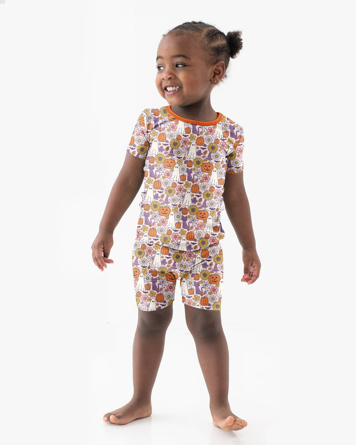 Ghost Pumpkin Fall Floral Halloween Bamboo Two Piece Short Sleeve Shorts Pajama Set