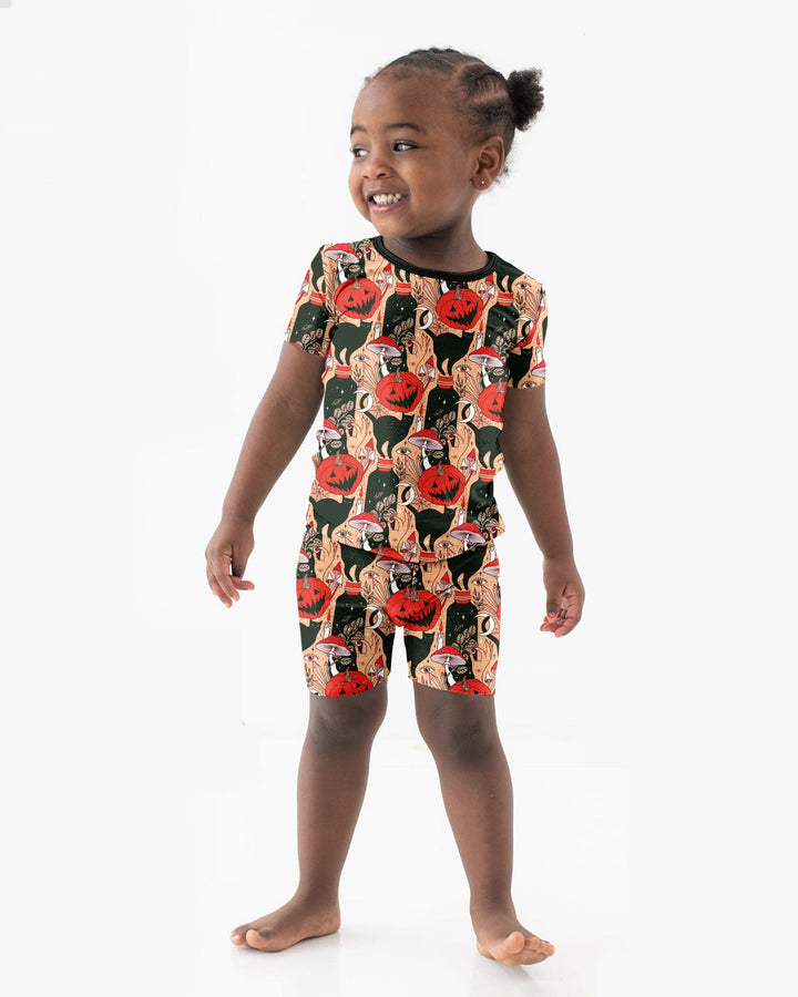Black Cat And Pumpkin Halloween Bamboo Two Piece Short Sleeve Shorts Pajama Set