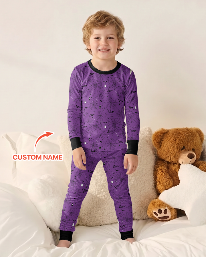 Spooky Spider Web Halloween Custom Name Bamboo Two Piece Long Sleeve Pajama Set