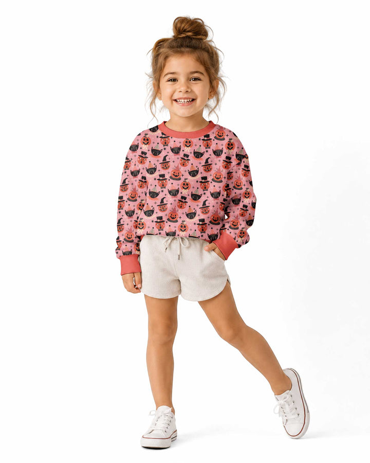 Retro Halloween Cats and Funny Pumpkins Bamboo Crewneck Sweatshirt