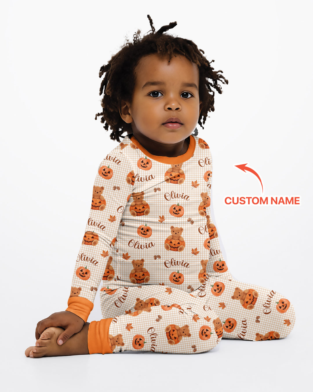 Custom Name Pumpkin Teddy Bamboo Two Piece Long Sleeve Pajama Set