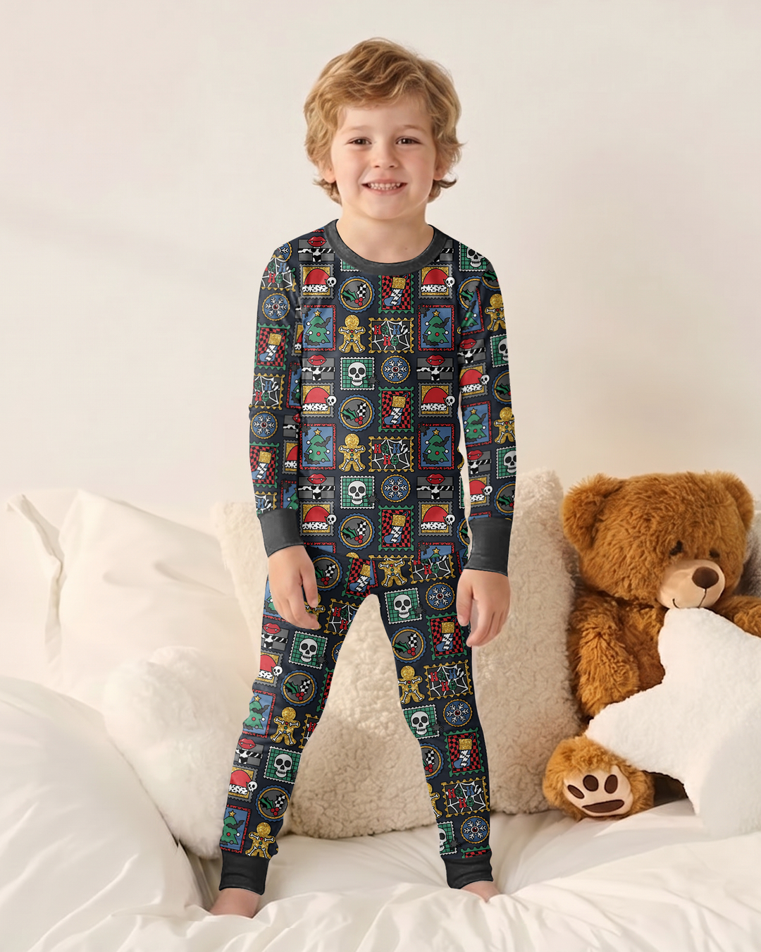 Retro Spooky Christmas Stamp Bamboo Two Piece Long Sleeve Pajama Set