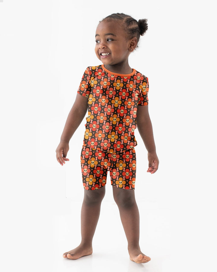 Retro Skull Flower Halloween Bamboo Two Piece Short Sleeve Shorts Pajama Set