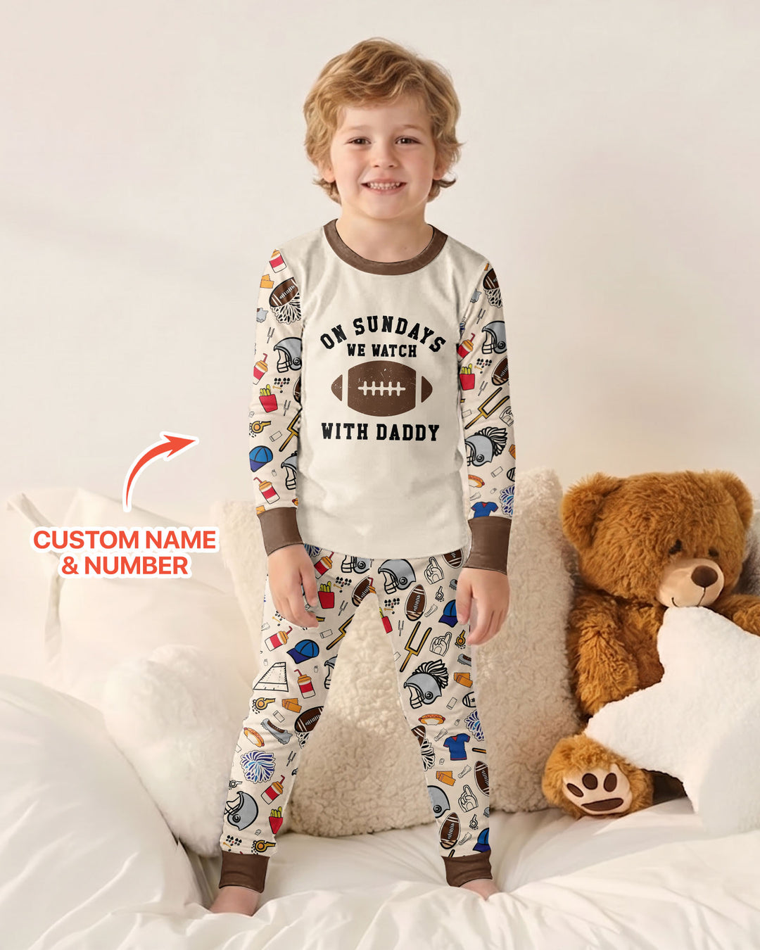 On Sundays We Watch Football With Daddy Family Matching Bamboo Two Piece Long Sleeve Pajama Set