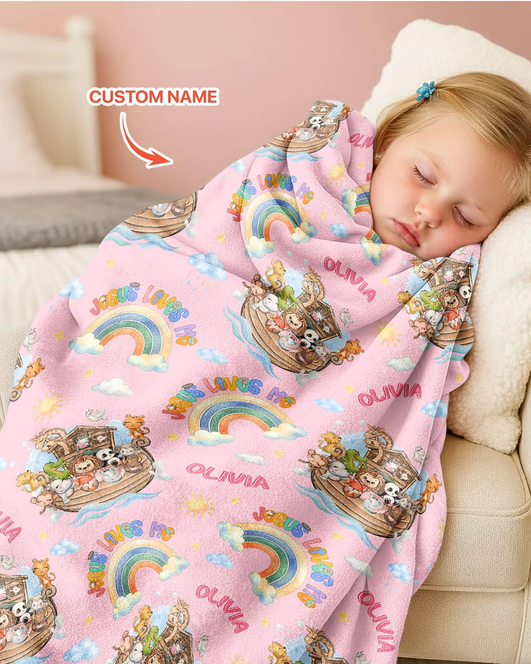 Custom Name Jesus Loves Me Noah's Ark Bamboo Blanket