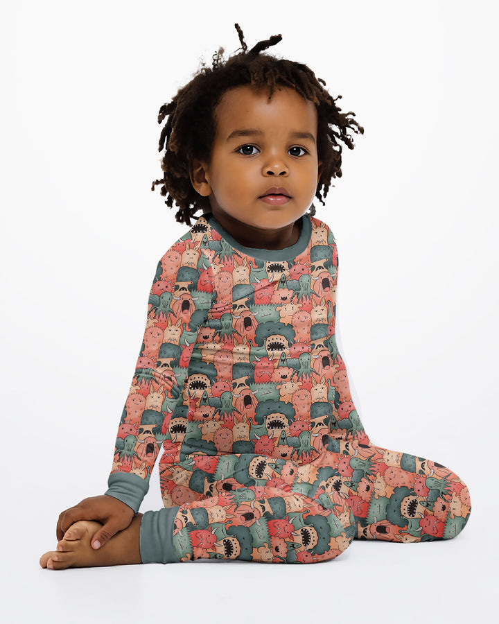 Cute Monster Crowd Bamboo Two Piece Long Sleeve Pajama Set