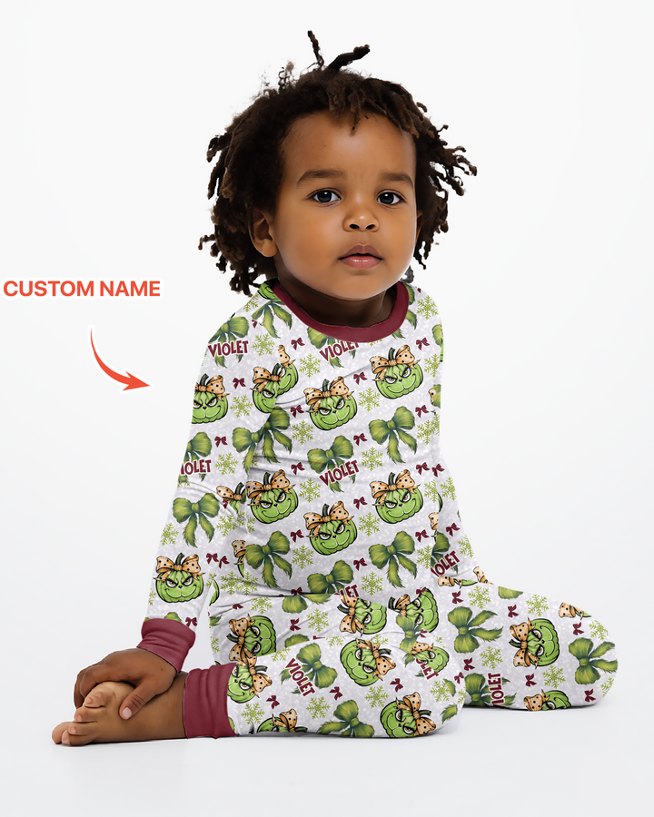 Custom Name Grumpy Green Christmas Bamboo Two Piece Long Sleeve Pajama Set
