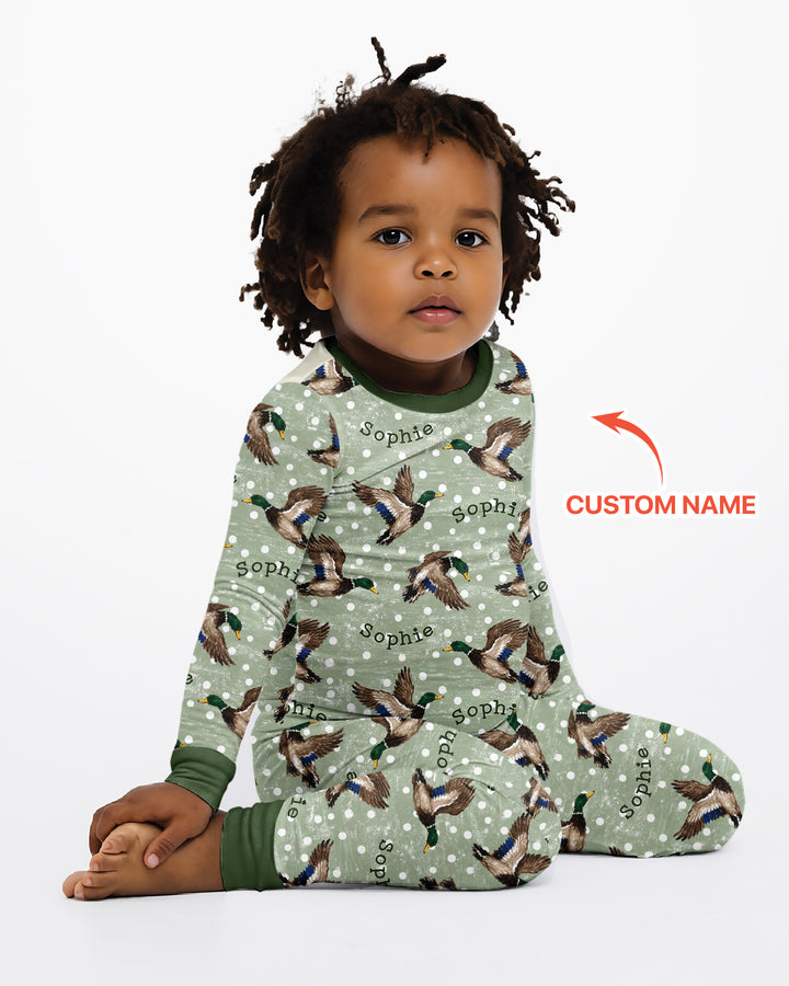 Custom Name Flying Mallard Duck Bamboo Two Piece Long Sleeve Pajama Set