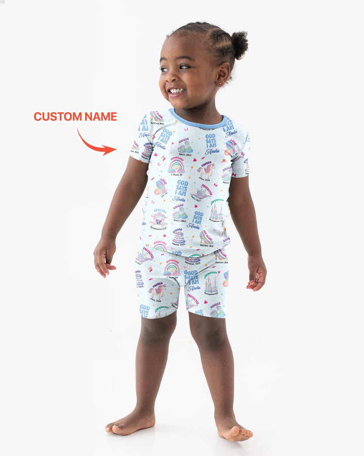 God Says I Am Custom Name - Dreamy Princess Bamboo Two Piece Short Sleeve Pajama Set