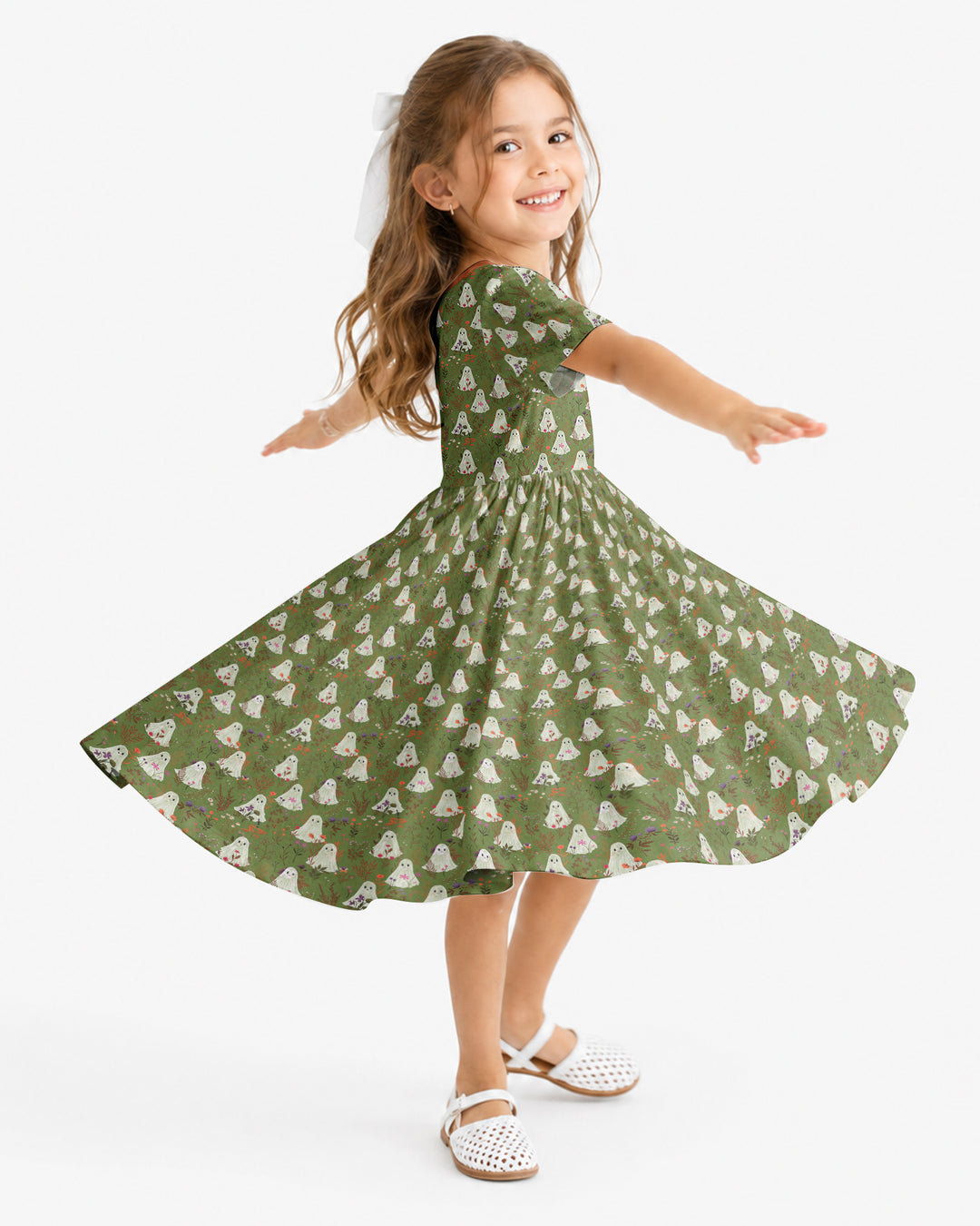 Cute Ghost Halloween Moss Green Floral Bamboo Twirl Dress