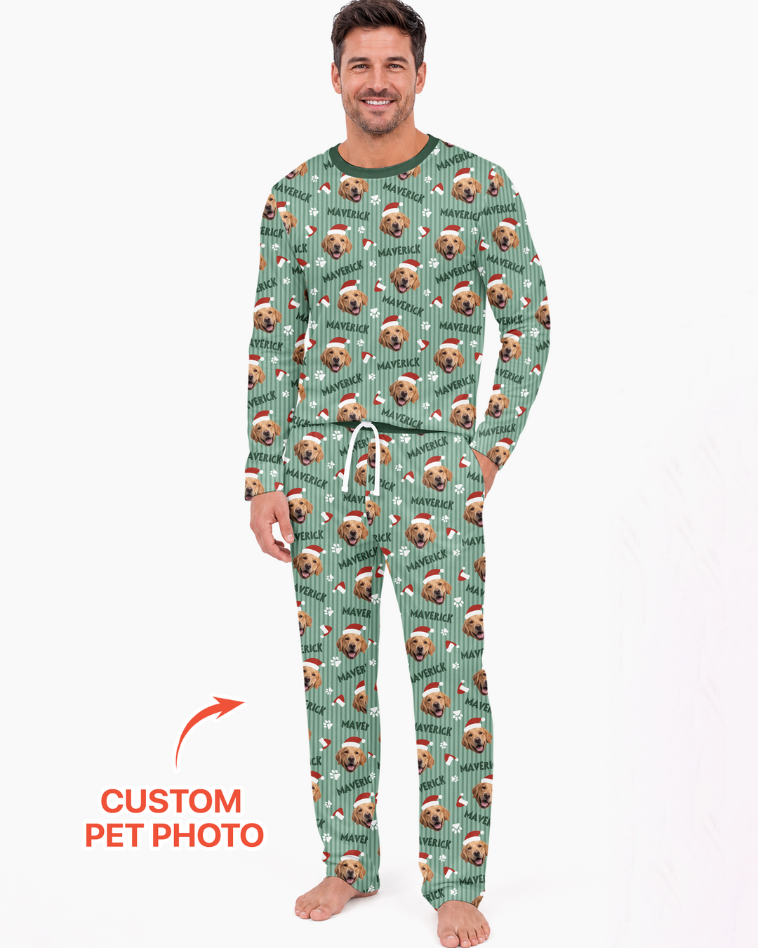 Custom Pet Photo Christmas Paws Stripe Bamboo Men's Pajama Set