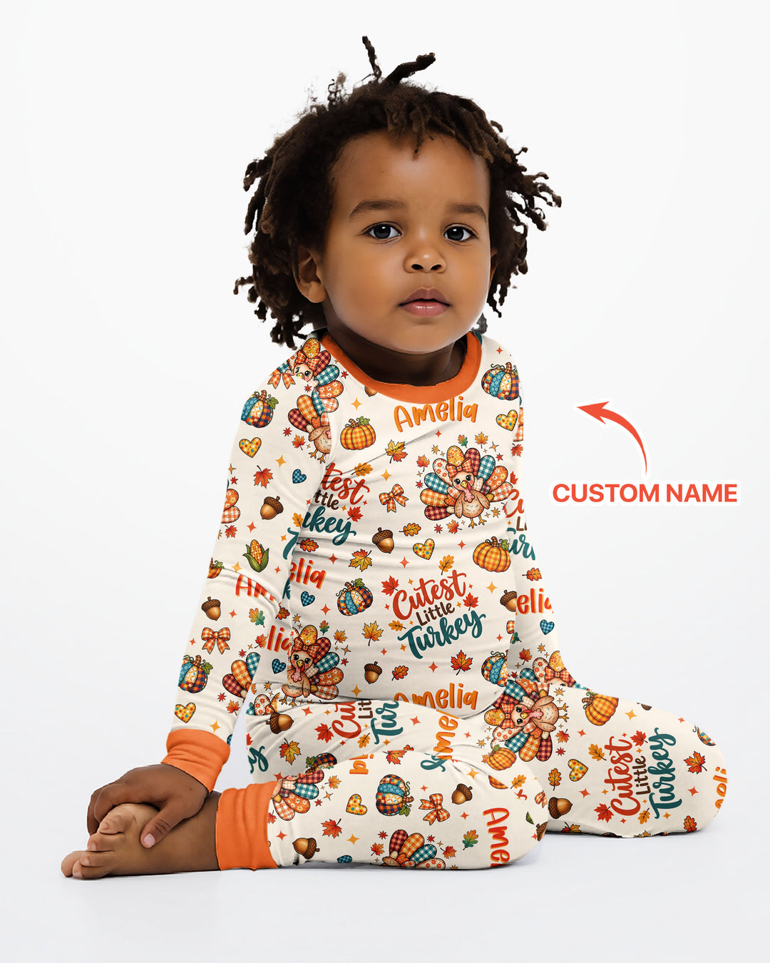 Custom Name Cutest Little Turkey Bamboo Two Piece Long Sleeve Pajama Set