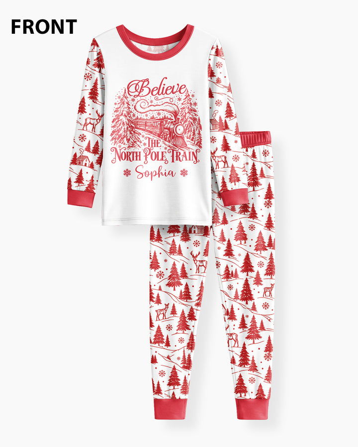Custom Name North Pole Train Bamboo Two Piece Long Sleeve Pajama Set