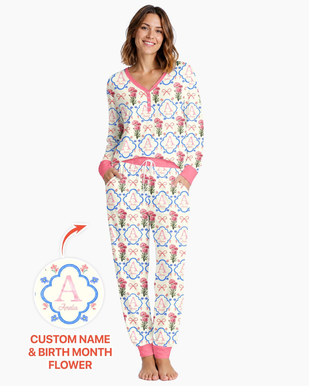 Personalized Birth Flower Mommy And Me Matching Bamboo Women Pajama Set