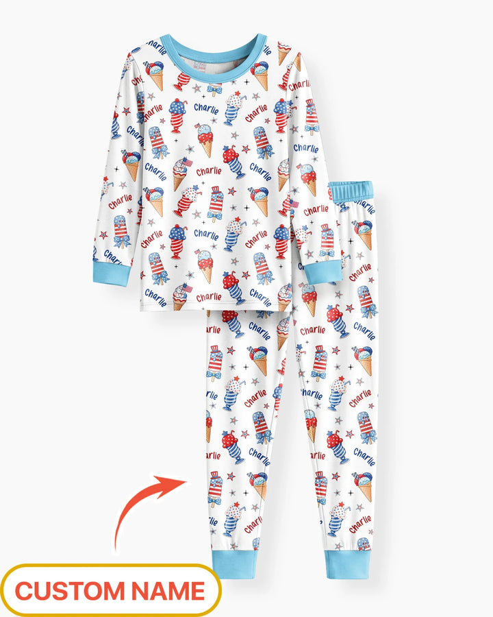 Custom Name Red, White & Ice Cream Bamboo Two Piece Long Sleeve Pajama Set