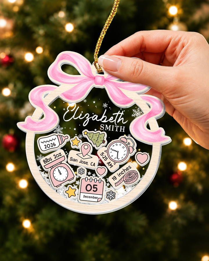 Personalized Baby's First Christmas Shaker Ornament-  Coquette Bow Newborn Keepsake