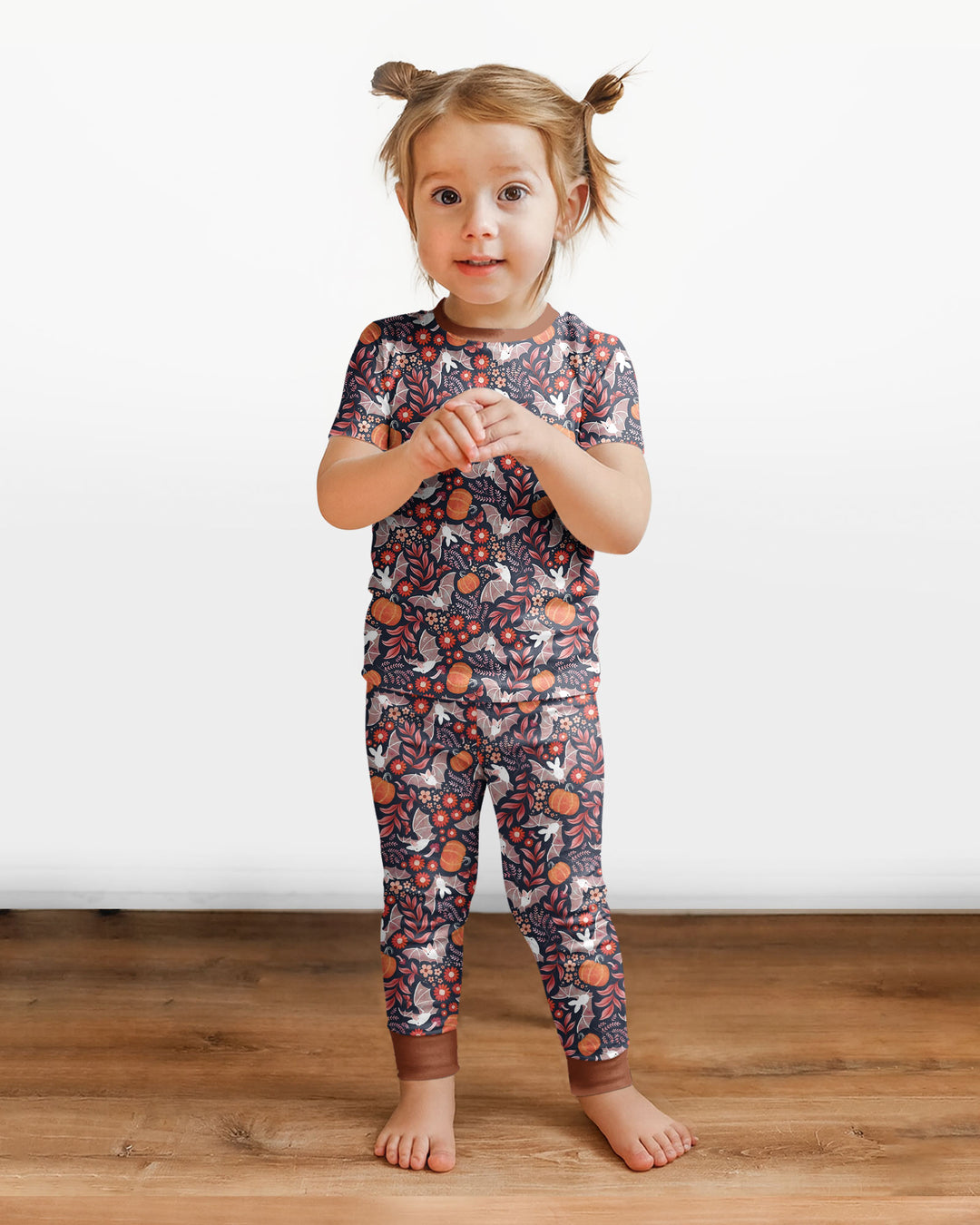 Bat Pumpkin Floral Halloween Bamboo Two Piece Short Sleeve Pajama Set