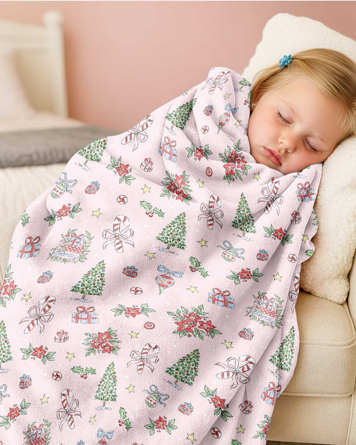 Watercolor Pink Christmas Holidays Christmas Tree Gifts Candy Cane Bamboo Blanket