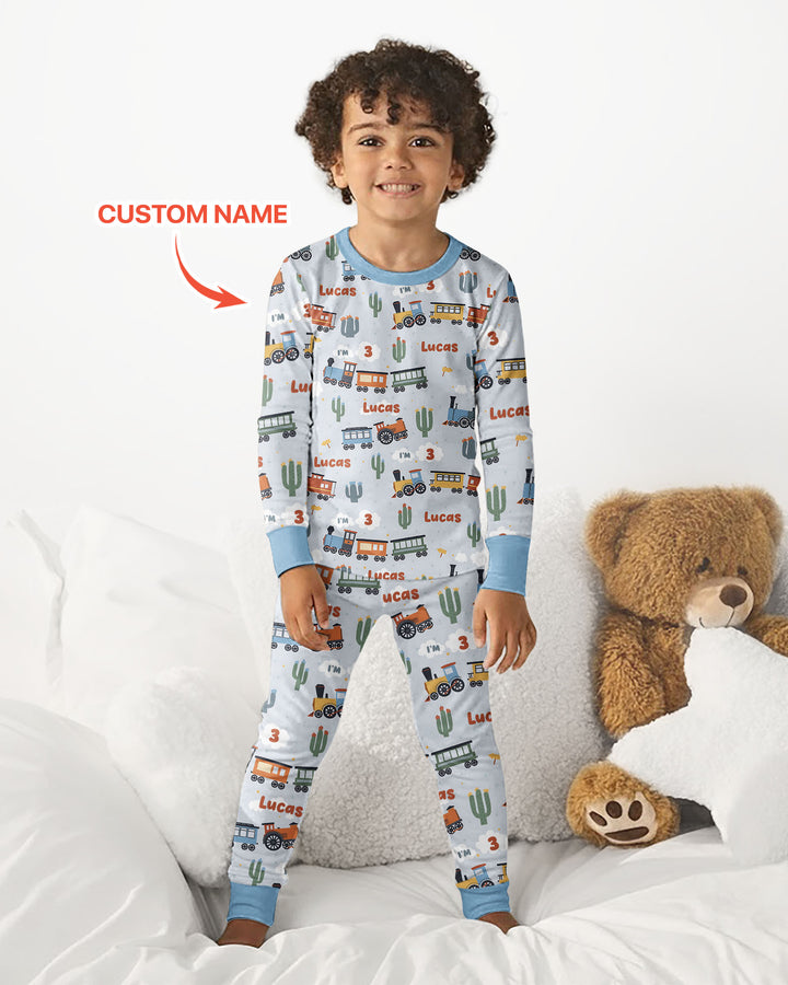 Personalized Train Birthday Bamboo Two Piece Long Sleeve Pajama Set