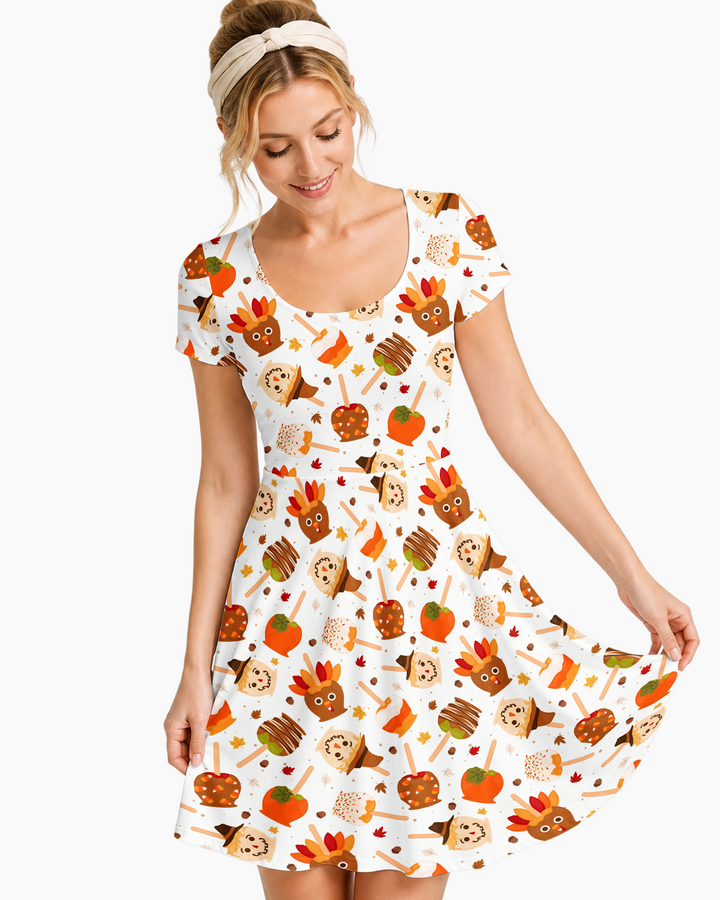 Fall Caramel Apple Family Matching Bamboo Women’s Short Sleeve Twirl Dress