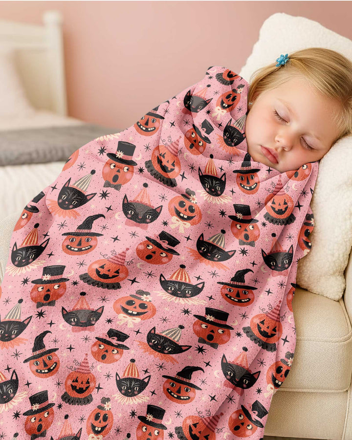 Retro Halloween Cats and Funny Pumpkins Bamboo Blanket
