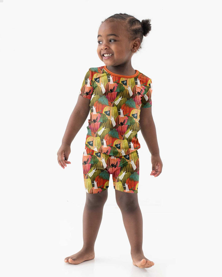 Big Pumpkin Field With Ghosts Bamboo Two Piece Short Sleeve Shorts Pajama Set
