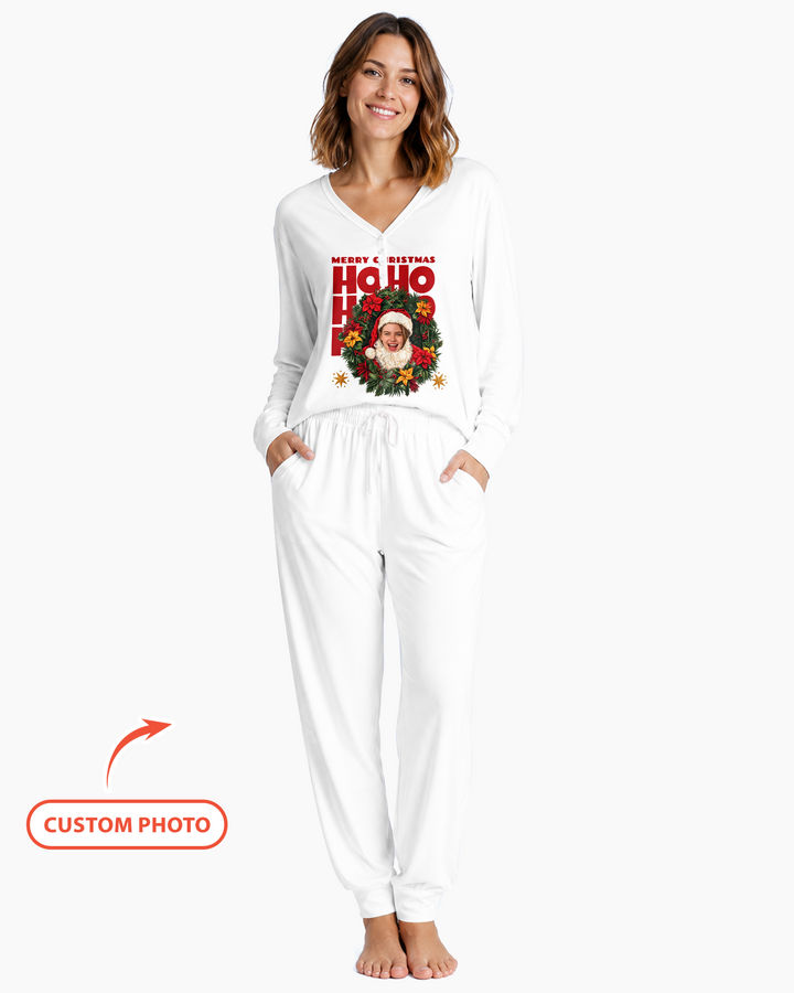 Personalized Photo Christmas Santa Bamboo Women Pajama Set