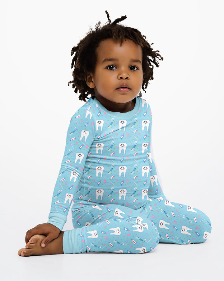 Brushing Teeth Blue Bamboo Two Piece Long Sleeve Pajama Set
