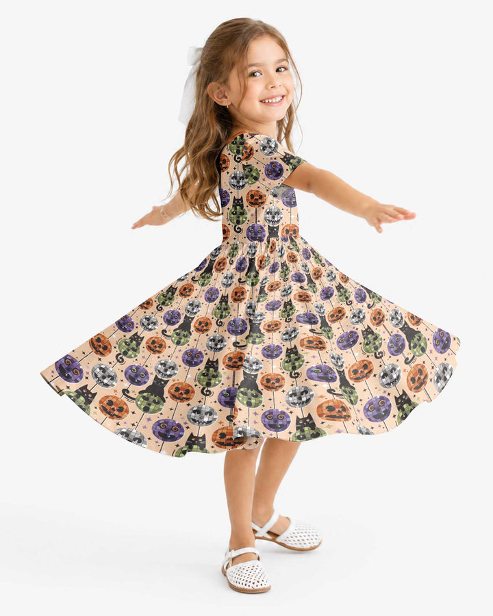 Groovy Halloween Disco Cat Bamboo Twirl Dress