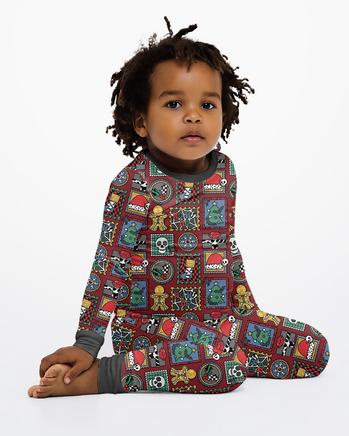 Retro Spooky Christmas Stamp Bamboo Two Piece Long Sleeve Pajama Set