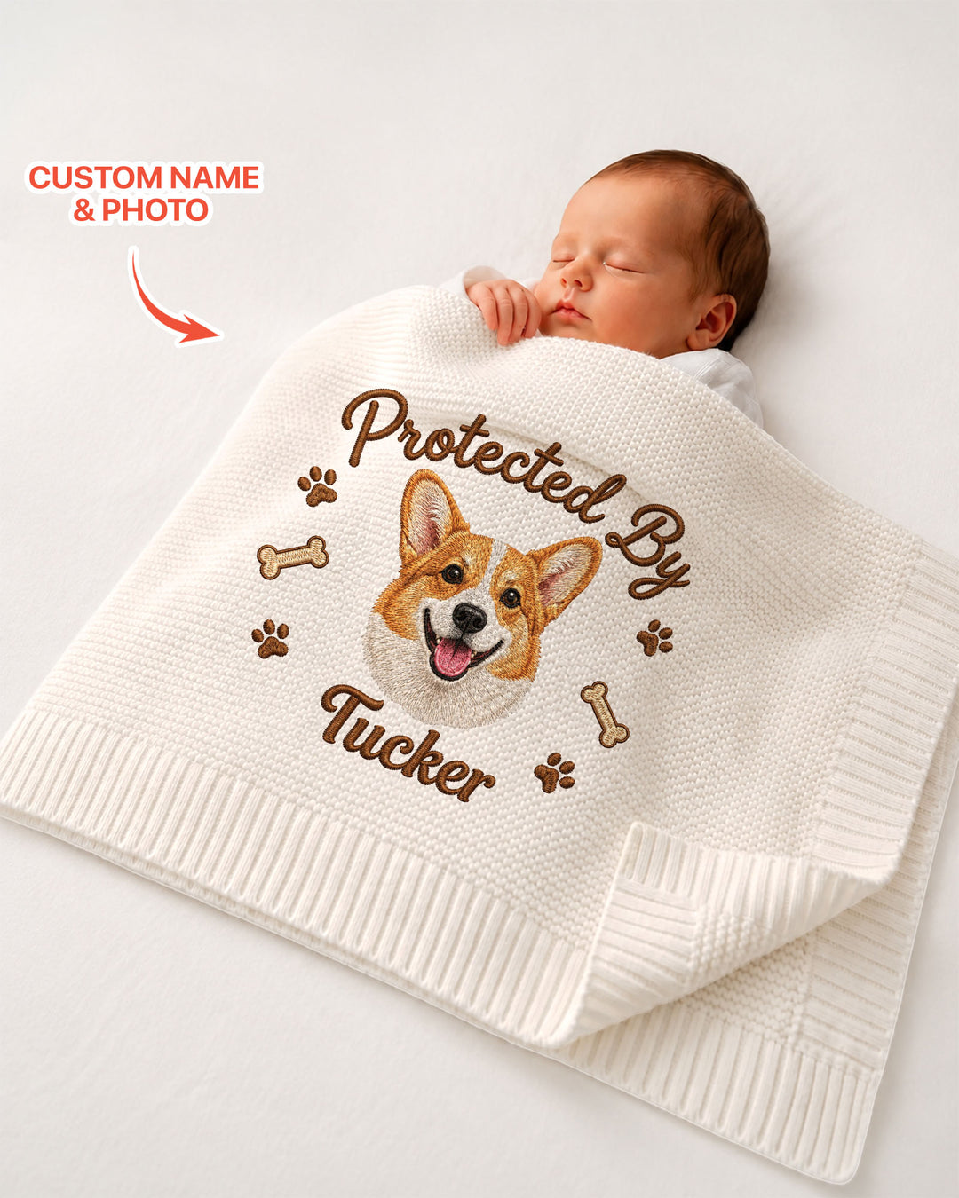 Protected By Dog Embroidered Baby Cotton Blanket