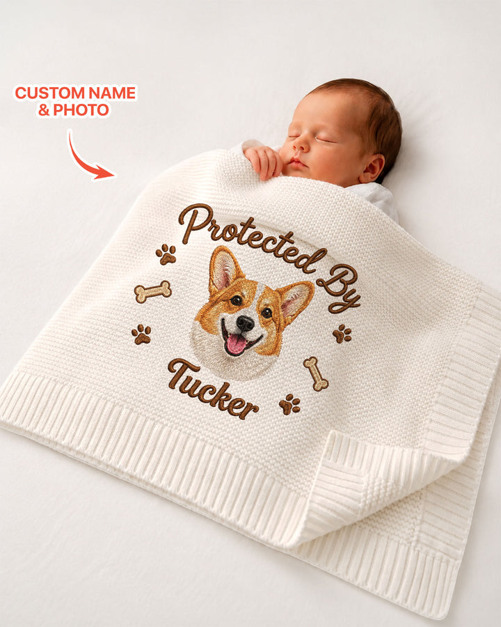 Protected By Dog Embroidered Baby Cotton Blanket