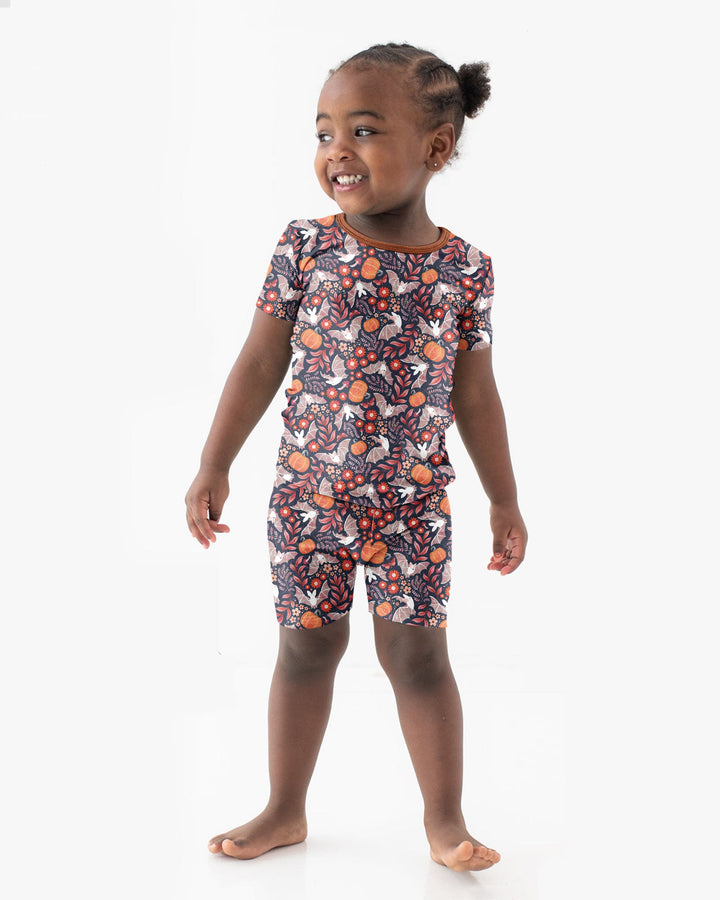 Bat Pumpkin Floral Halloween Bamboo Two Piece Short Sleeve Shorts Pajama Set