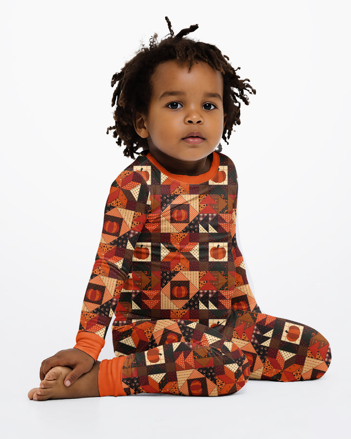 Vintage Pumpkin Patchwork Fall Bamboo Two Piece Long Sleeve Pajama Set