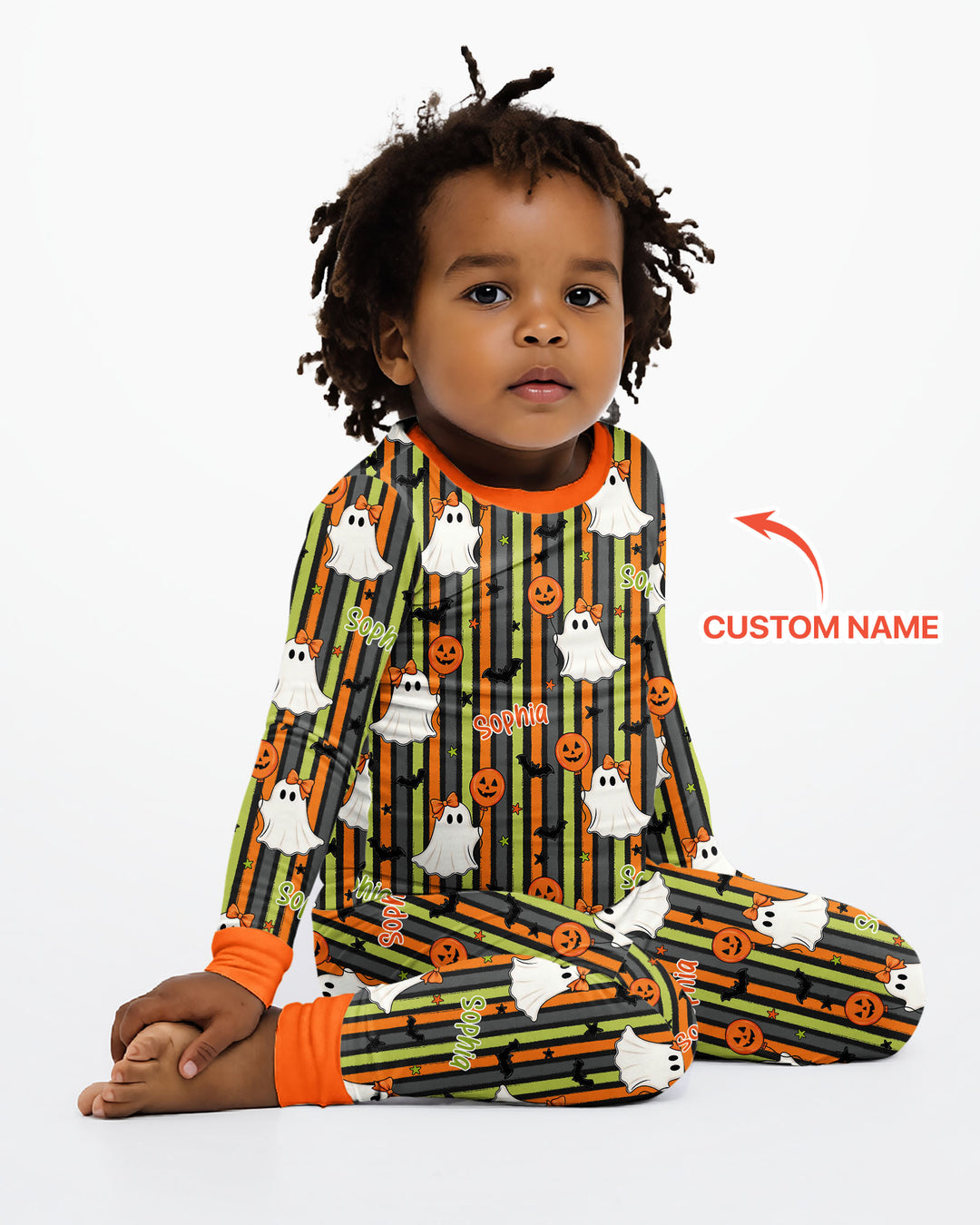 Custom Name Ghost Holding Balloon Bamboo Two Piece Long Sleeve Pajama Set