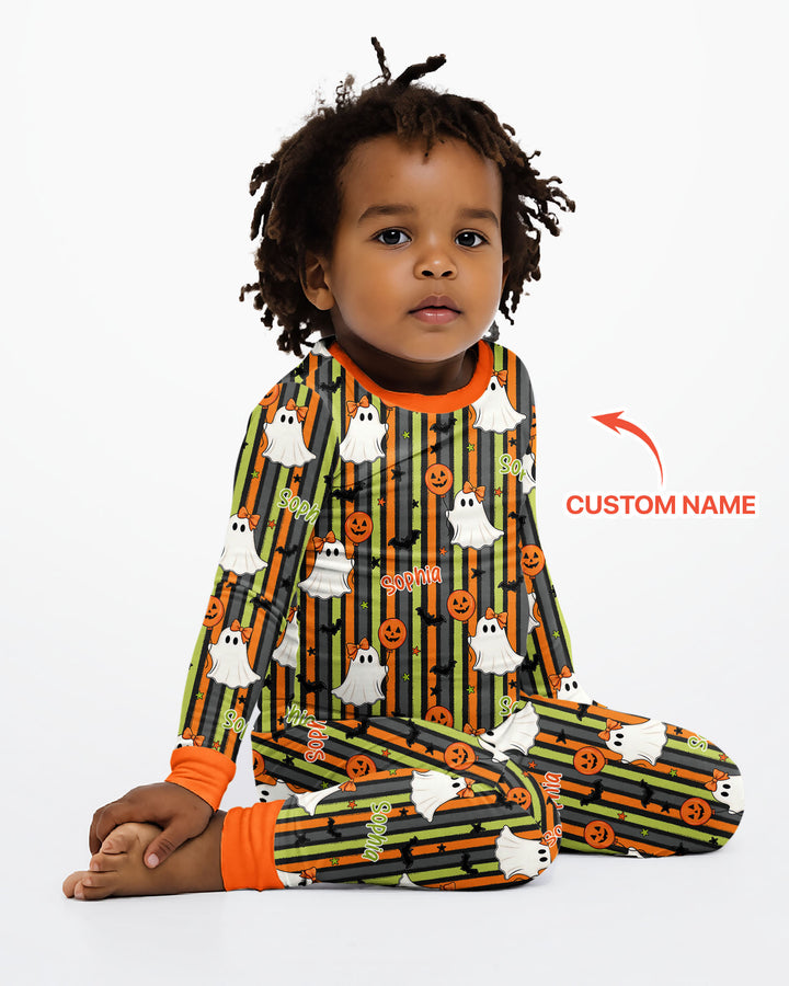 Custom Name Ghost Holding Balloon Bamboo Two Piece Long Sleeve Pajama Set