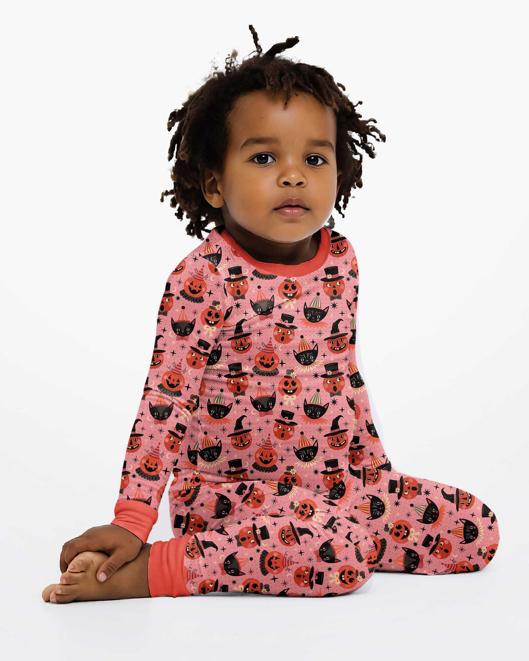 Retro Halloween Cats and Funny Pumpkins Bamboo Two Piece Long Sleeve Pajama Set