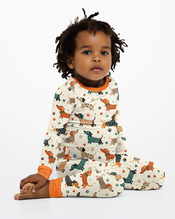 Cartoon Dachshund Bamboo Two Piece Long Sleeve Pajama Set