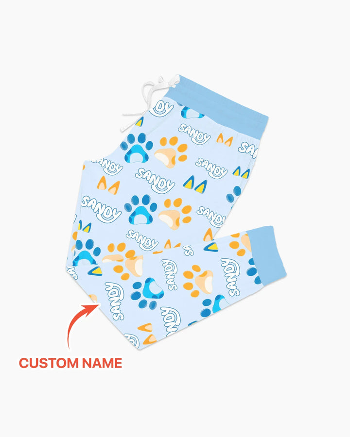Benutzerdefinierter Name Lieblings-blaue Hunde-Familien-Pyjama-Set aus Bambus für Damen