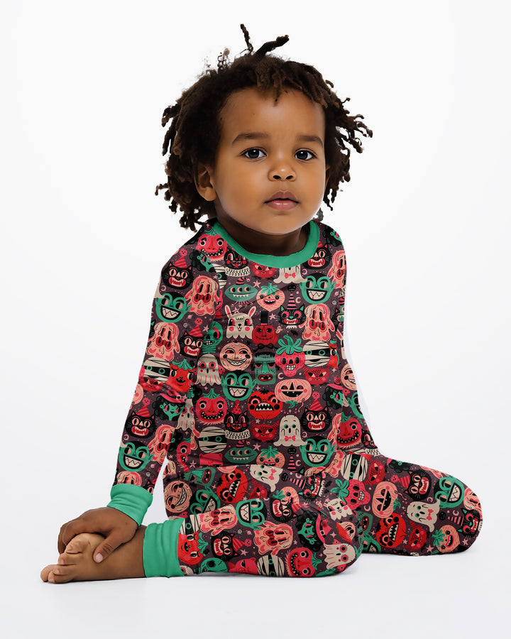 Retro Halloween Monsters Ghost Pumpkin Mummy Bamboo Two Piece Long Sleeve Pajama Set