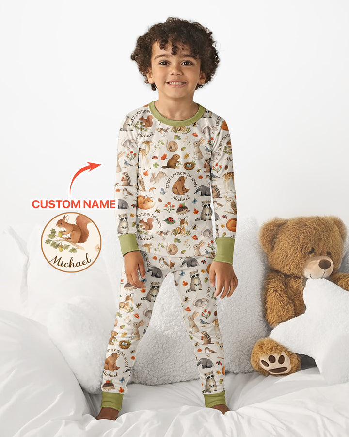 Cutest Critter In The Woods Custom Name Bamboo Two Piece Long Sleeve Pajama Set