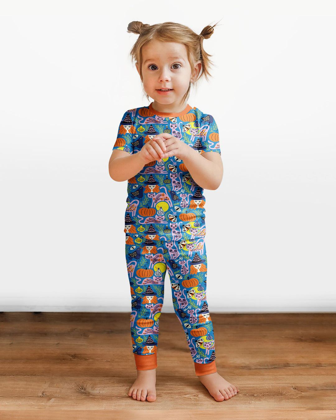 Whimsical Witch Cats Bamboo Two Piece Short Sleeve Pajama Set