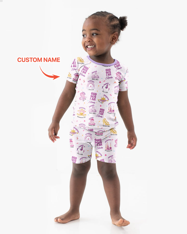 God Says I Am Custom Name - Dreamy Princess Bamboo Two Piece Short Sleeve Pajama Set