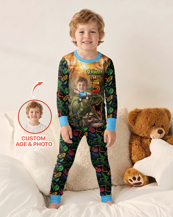 Custom Photo Dino Rawr Birthday Bamboo Two Piece Long Sleeve Pajama Set