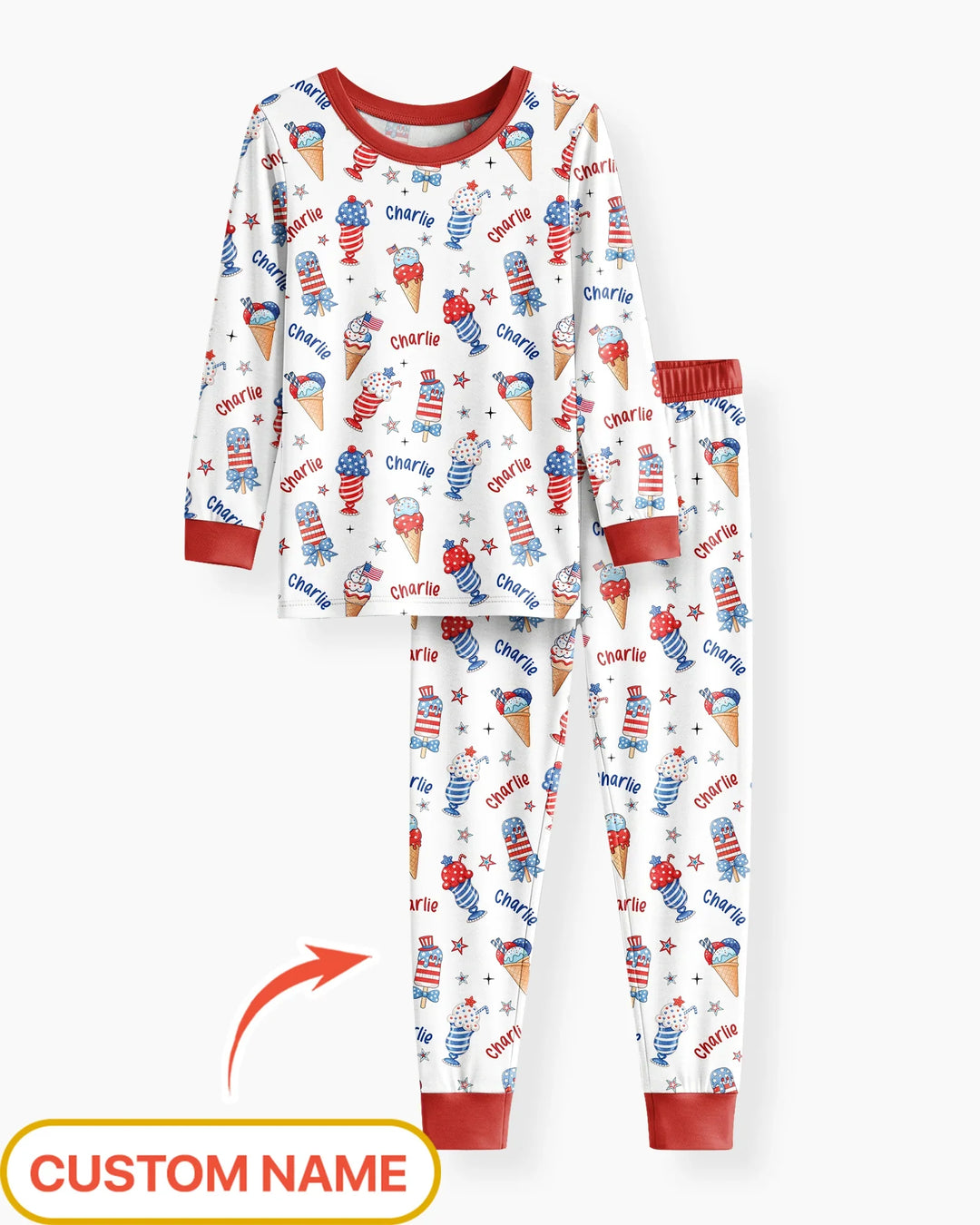 Custom Name Red, White & Ice Cream Bamboo Two Piece Long Sleeve Pajama Set