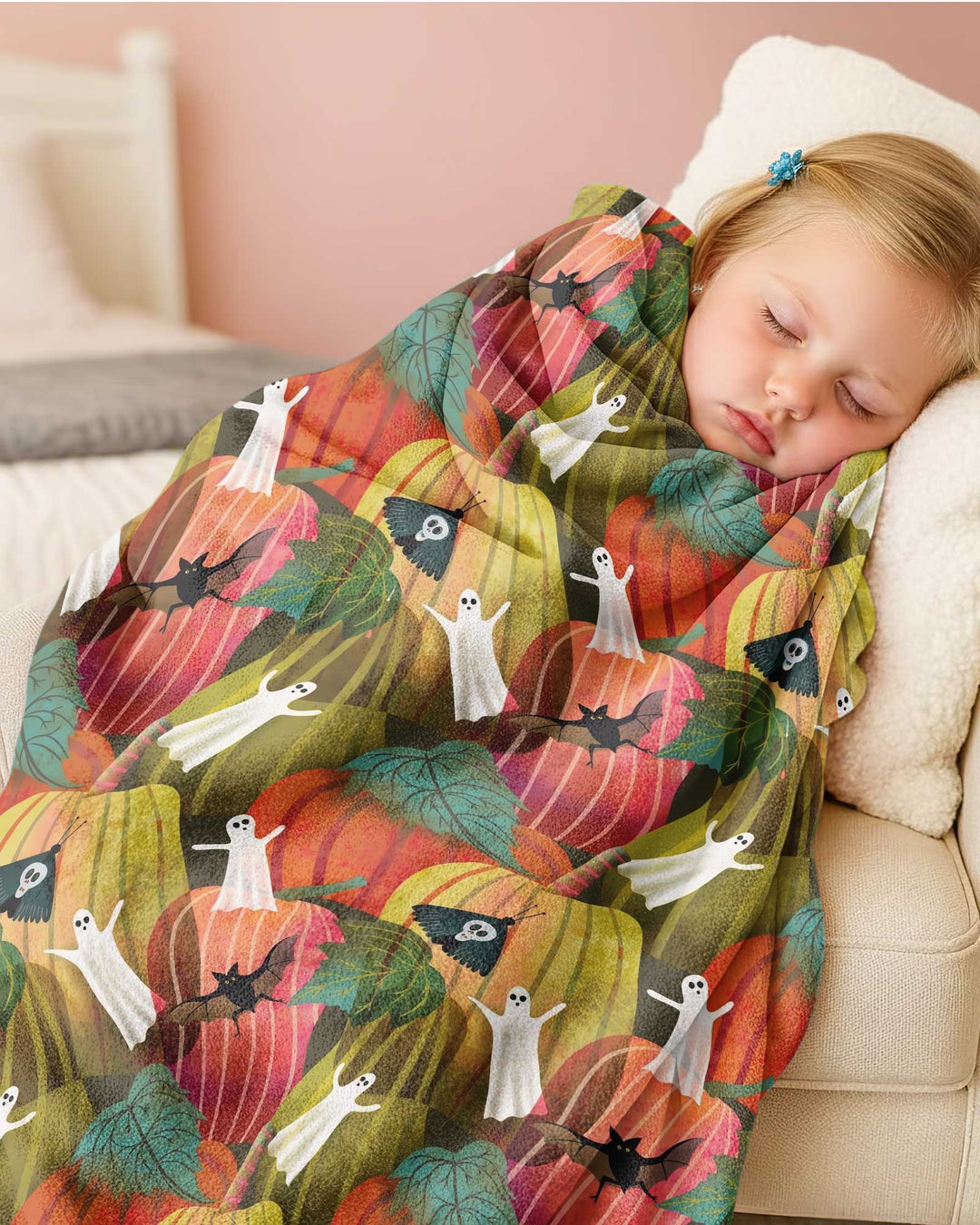 Big Pumpkin Field With Ghosts Bamboo Blanket
